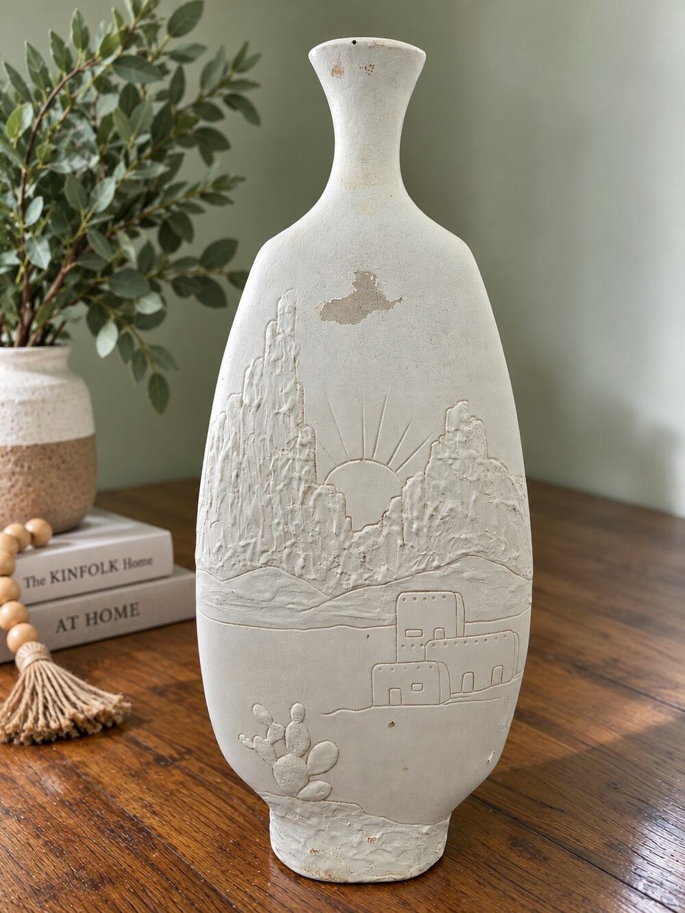 Large 21" Southwest Pueblo Desert Vase Cactus Sun Raised Relief Pottery Decor